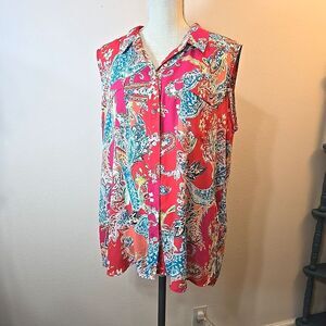 Pretty & Colorful Women's Floral Sleeveless Button-Up Blouse 2X Pockets Summer